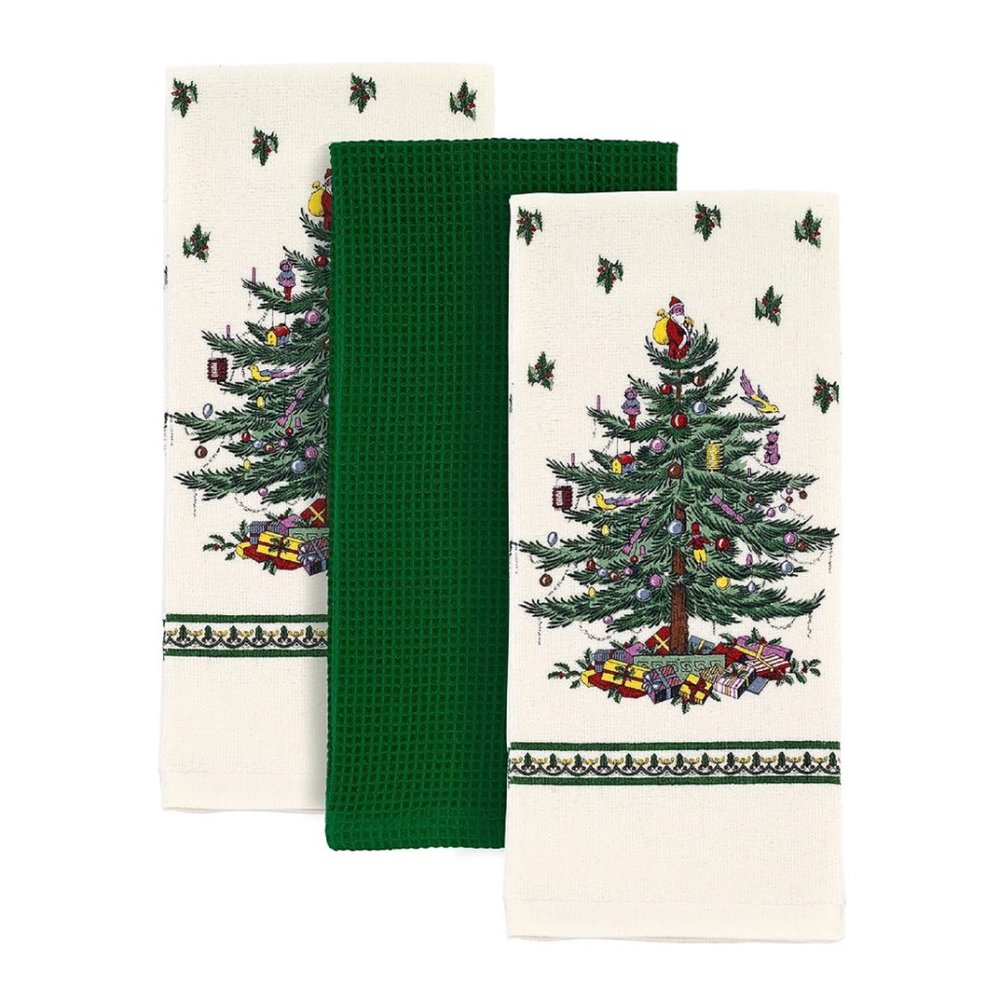 brand new Spode Whimsical Christmas Tree 3-piece Tea Towel Set in Green
